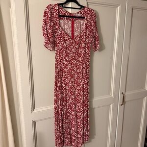 Reformation Red Floral Short Sleeve Midi Dress